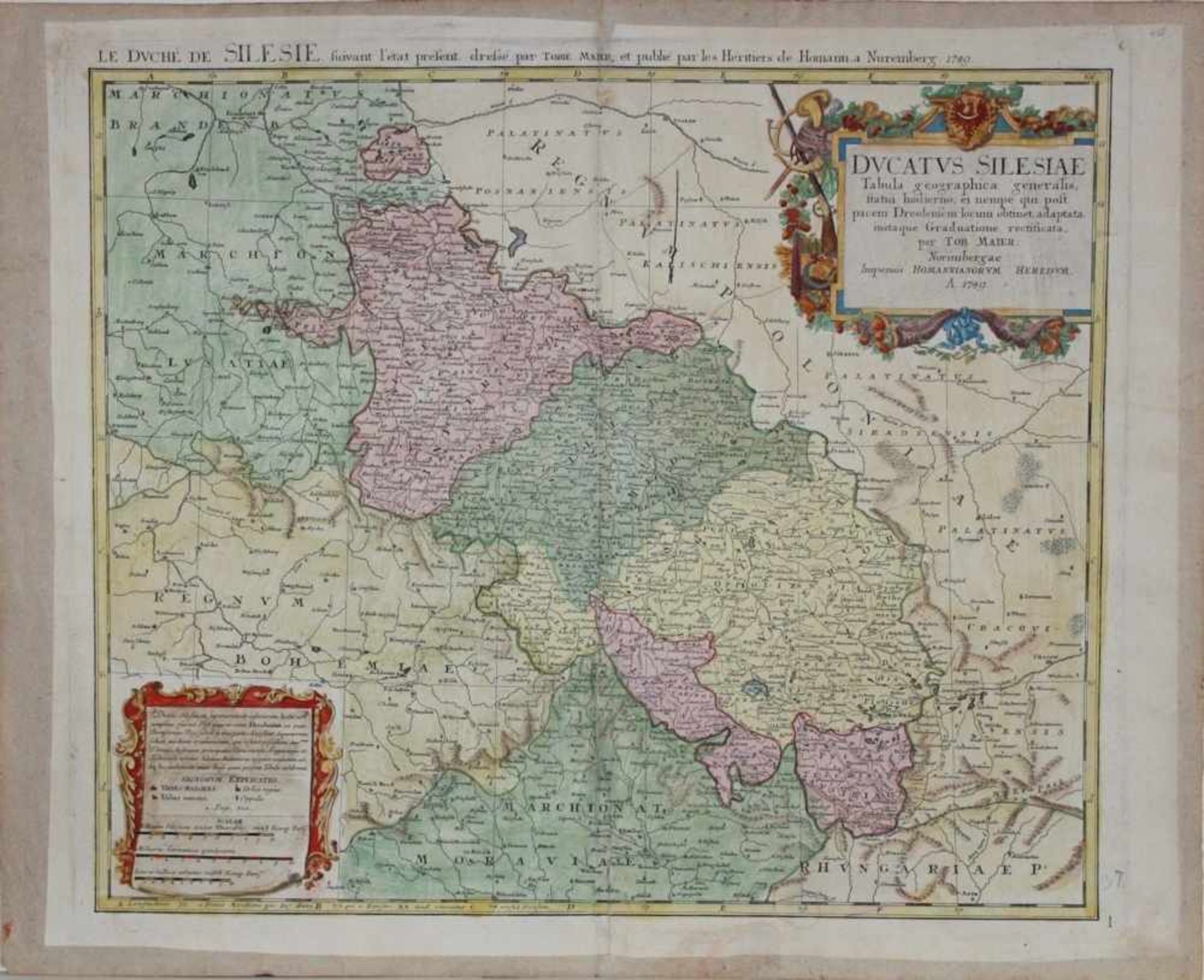Schlesien.Kolorierte Kupferstichkarte bei Homann's Erben, in der Platte datiert 1749. Bildgröße 54 x