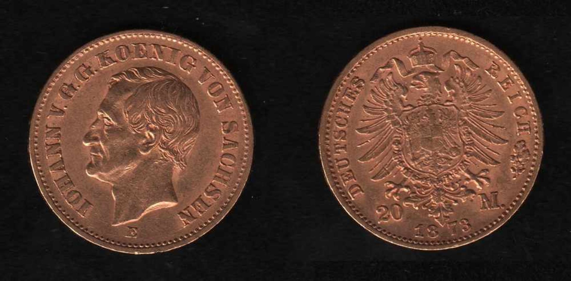 Deutsches Reich. Goldmünze.20 Mark. Johann, König von Sachsen. E 1873. Vorderseite: Porträt König