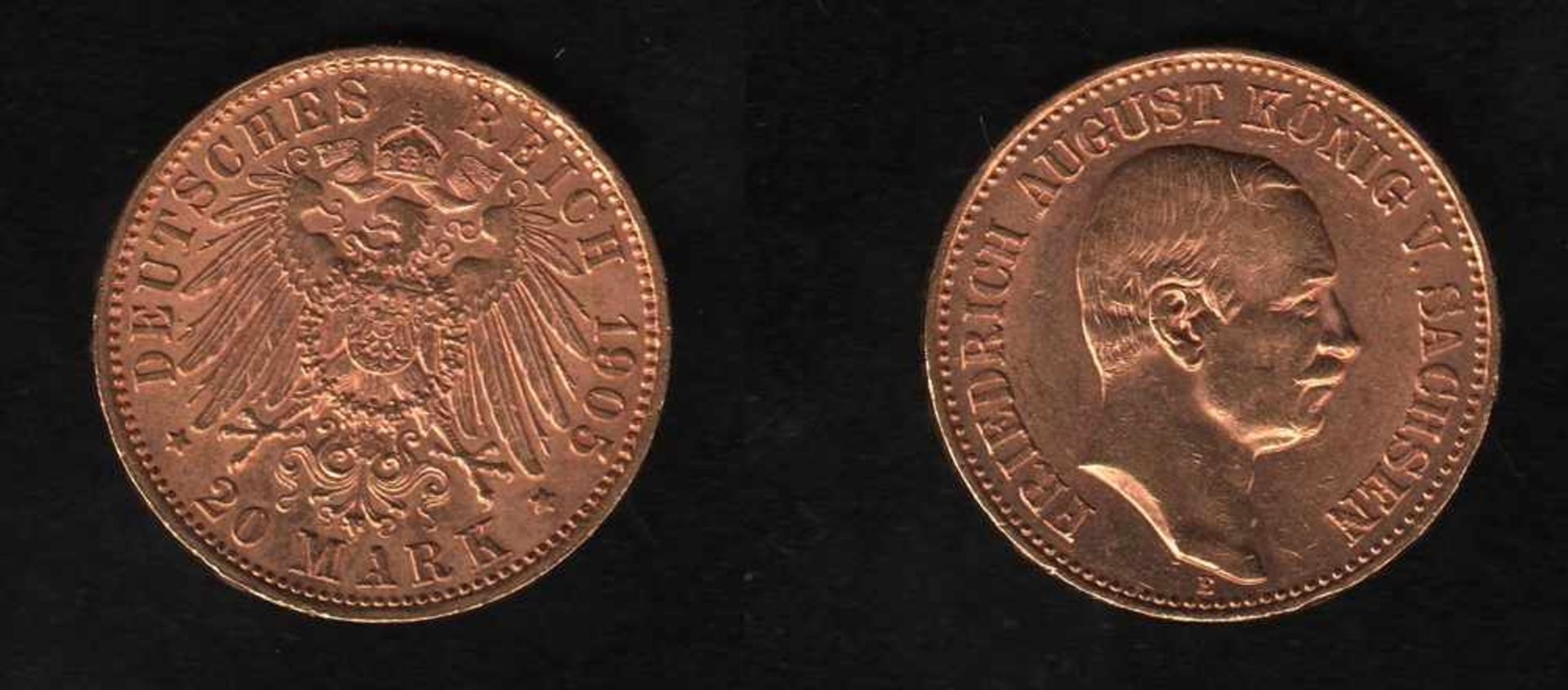 Deutsches Reich. Goldmünze.20 Mark. Friedrich August III., König von Sachsen. E 1905. Vorderseite: