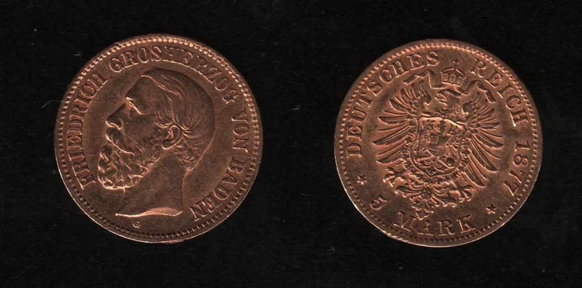 Deutsches Reich. Goldmünze.5 Mark. Friedrich I., Großherzog von Baden. G 1877. Vorderseite: