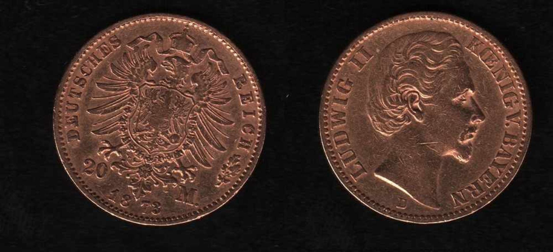 Deutsches Reich. Goldmünze.20 Mark. Ludwig II., König von Bayern. D 1873. Vorderseite: Porträt