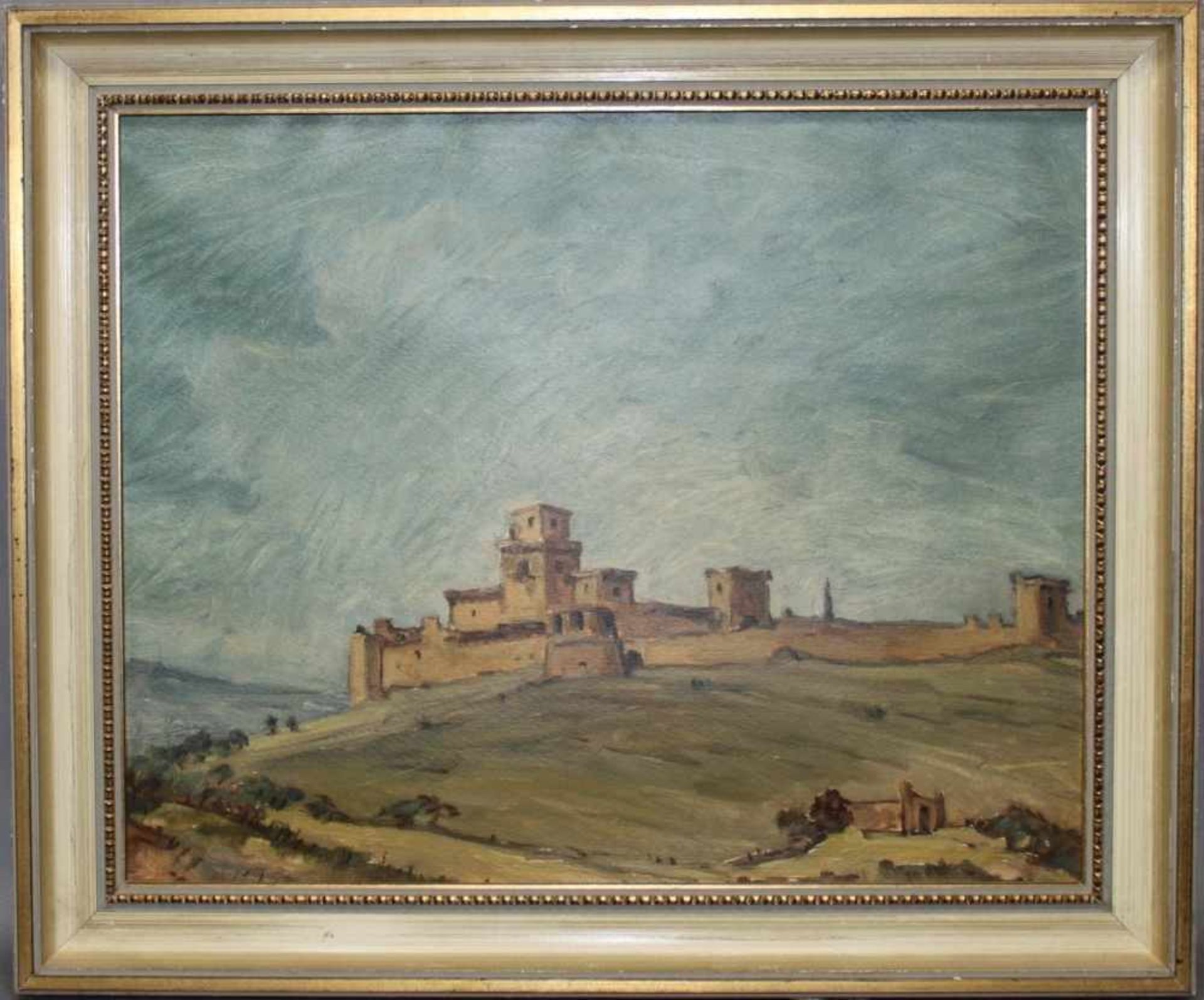Naumann, Robert.(Die Burg von Assisi). Ölmalerei auf Papier. Unten links signiert "Naumann".