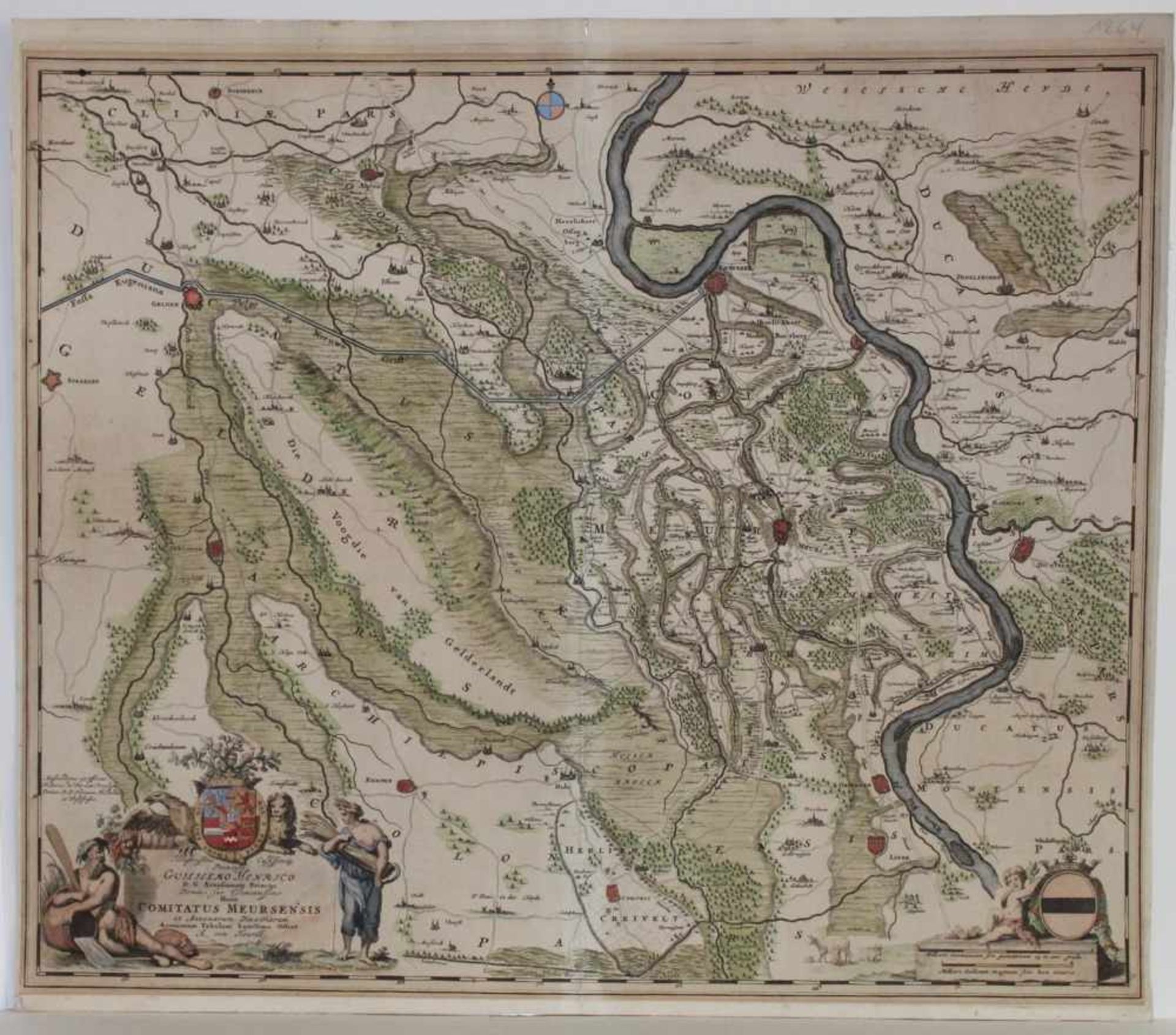 Rhein. Moers.Kolorierte Kupferstichkarte von Frederik de WIT, ca. 1680. Bildgröße 58 x 48,5 cm. (17)