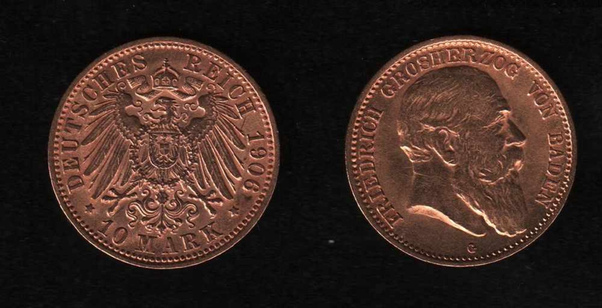 Deutsches Reich. Goldmünze.10 Mark. Friedrich I., Großherzog von Baden. G 1906. Vorderseite: Porträt