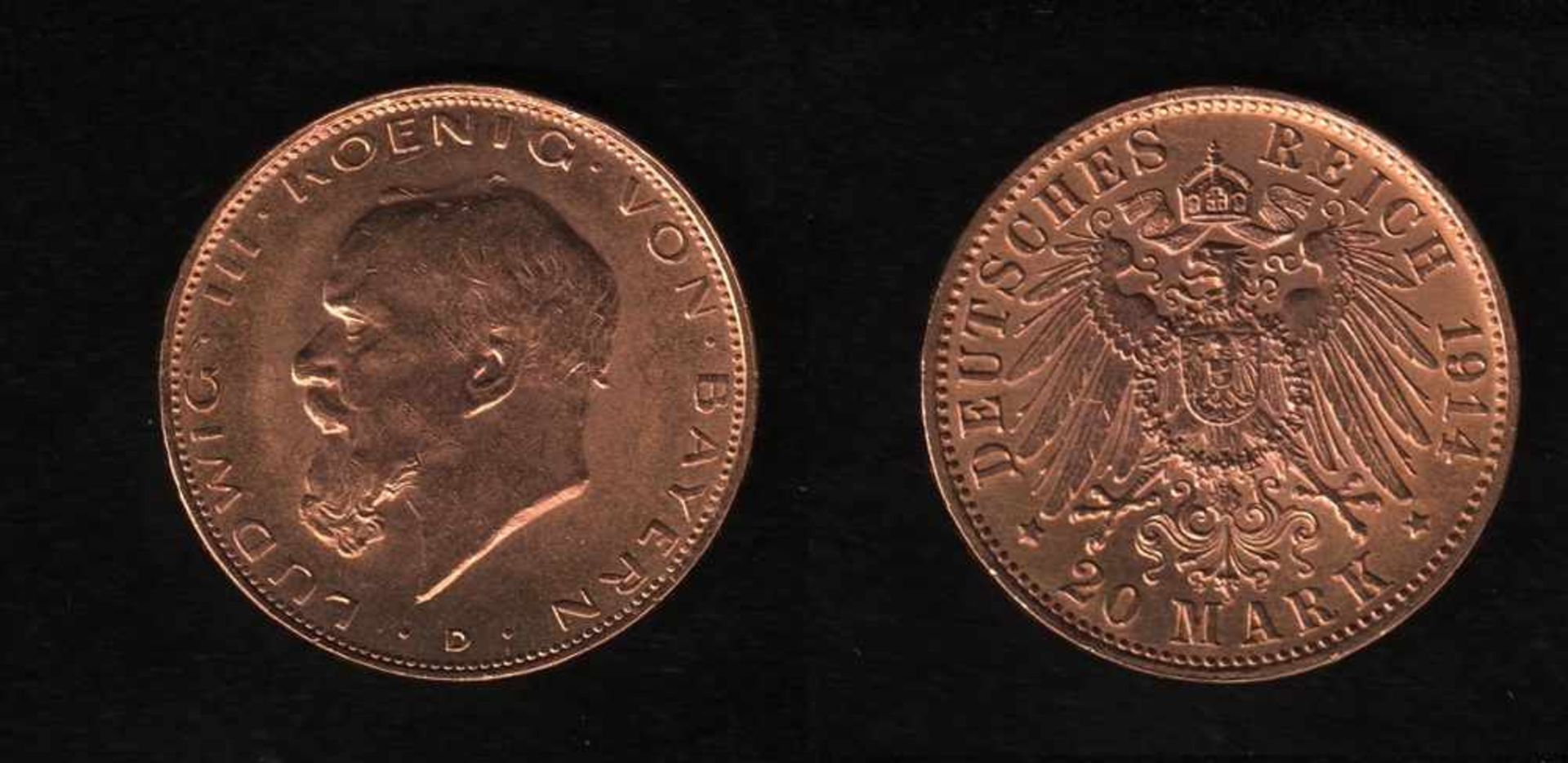 Deutsches Reich. Goldmünze.20 Mark. Ludwig III., König von Bayern. D 1914. Vorderseite: Porträt