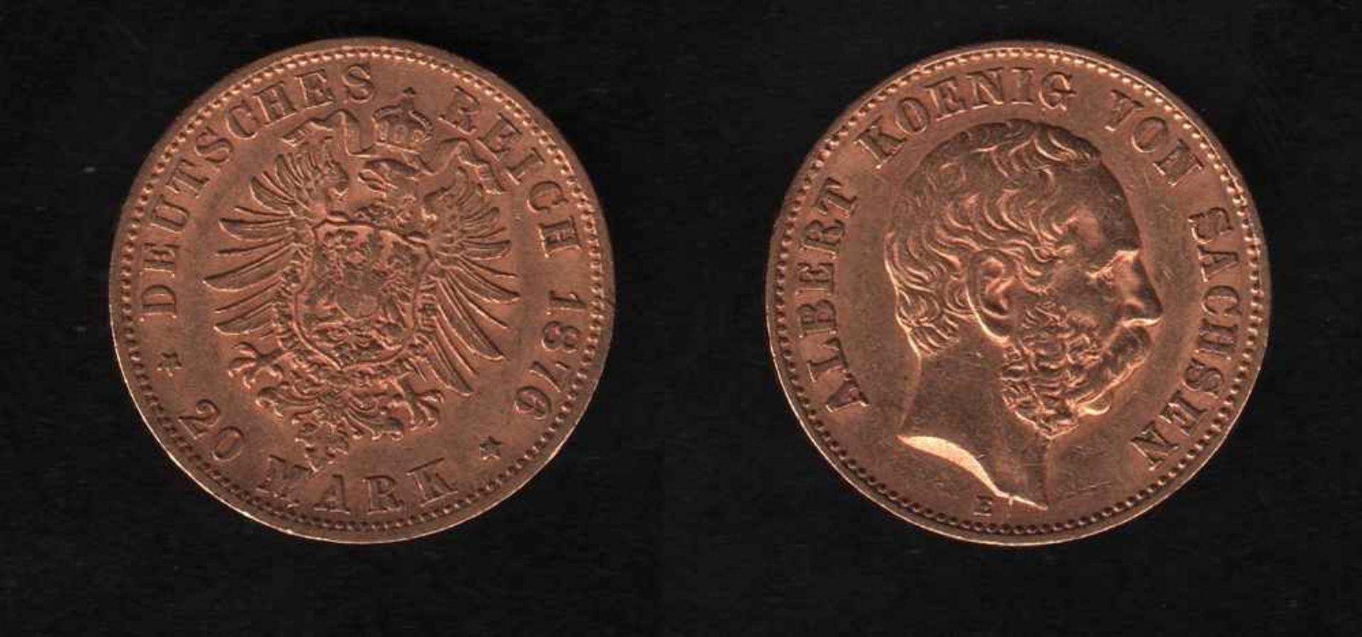 Deutsches Reich. Goldmünze.20 Mark. Albert, König von Sachsen. E 1876. Vorderseite: Porträt König