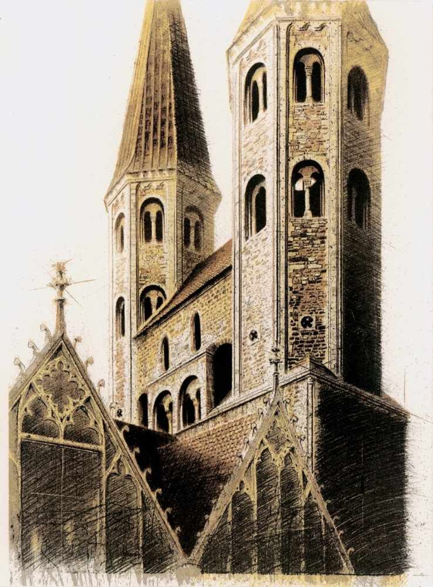 Kiel, Achim Frederic."St. Martini" zu Braunschweig. Vierfarbige Lithographie auf Büttenpapier.