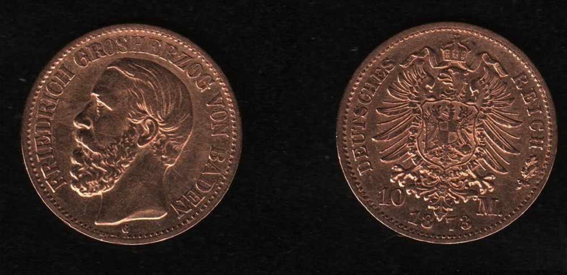 Deutsches Reich. Goldmünze.10 Mark. Friedrich I., Großherzog von Baden. G 1873. Vorderseite: Porträt