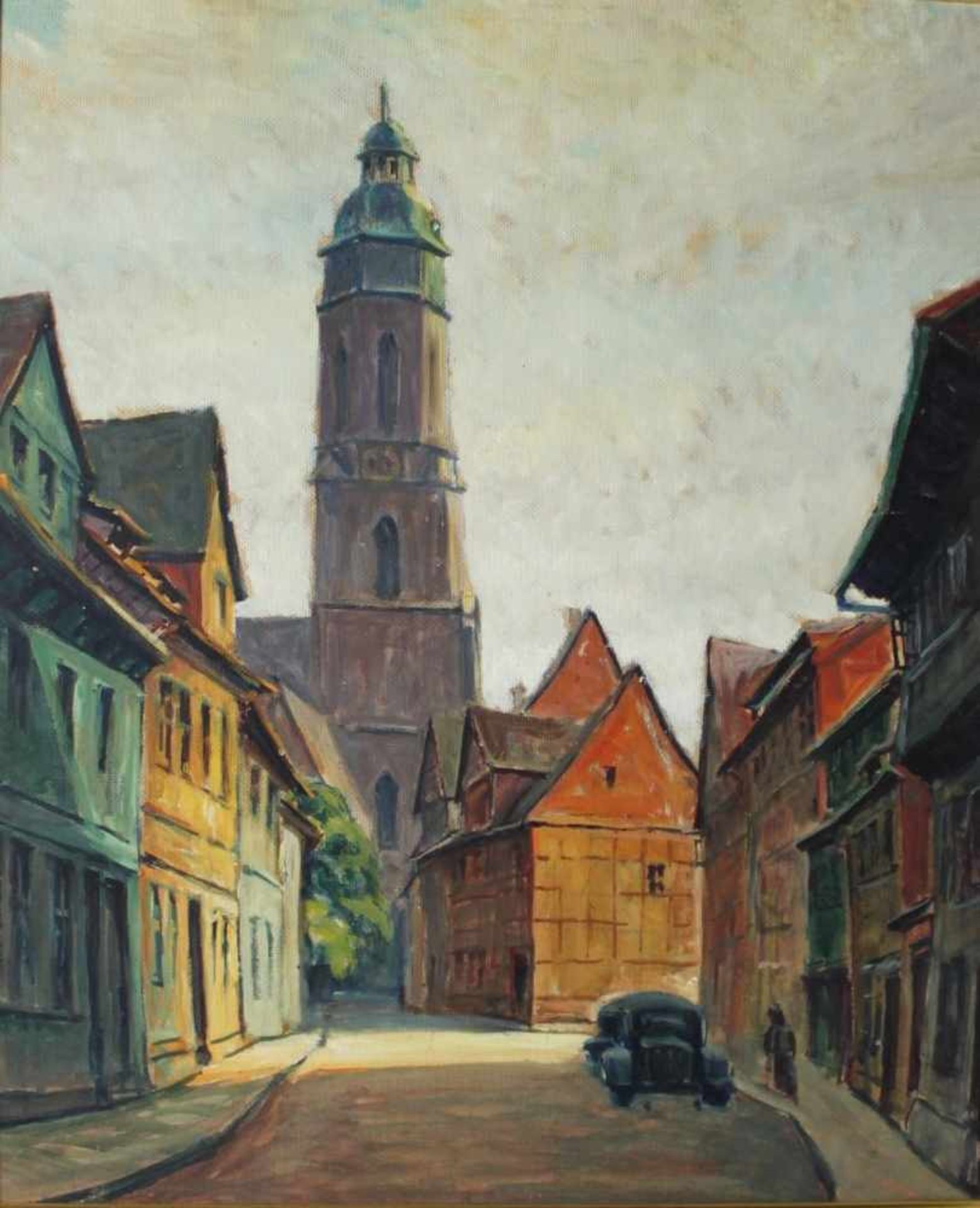 Sander, Friedrich - August.(Einbeck - Blick auf die Marktkirche). Ölgemälde auf Malpappe. Nicht