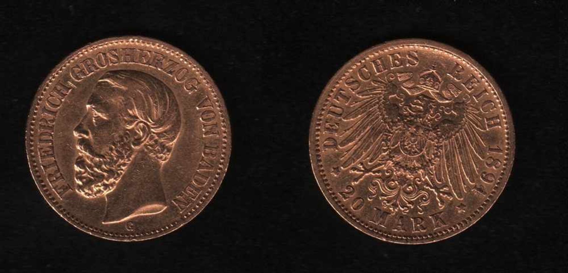 Deutsches Reich. Goldmünze.20 Mark. Friedrich I., Großherzog von Baden. G 1894. Vorderseite: Porträt