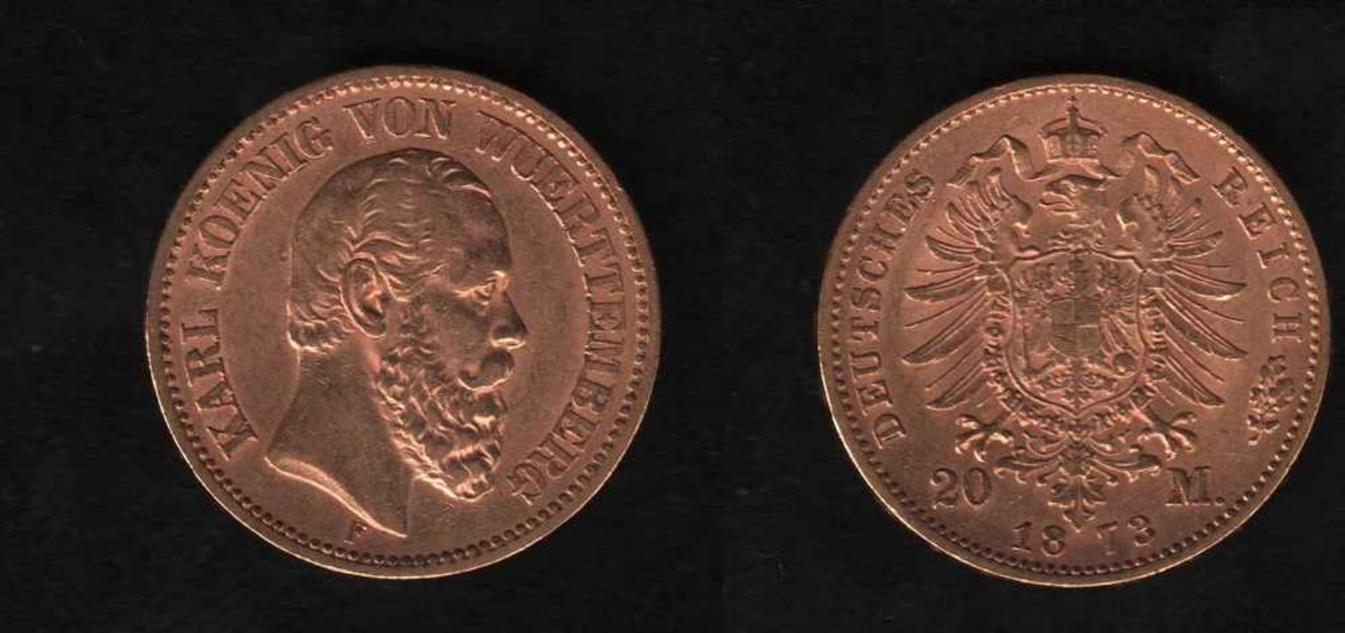 Deutsches Reich. Goldmünze.20 Mark. Karl I., (König von Württemberg, 1823 - 1891). F 1873.