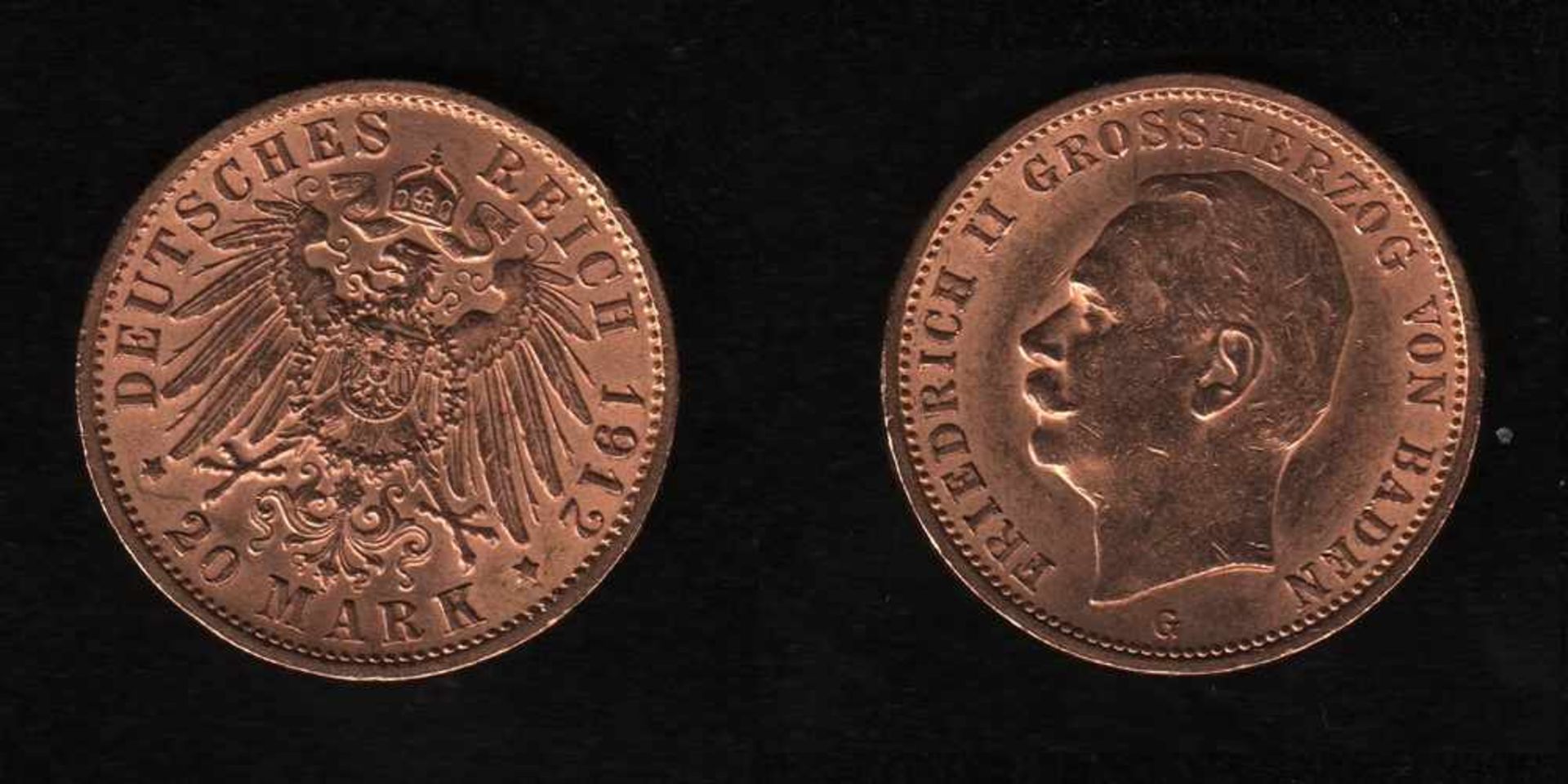 Deutsches Reich. Goldmünze.20 Mark. Friedrich II., Großherzog von Baden. G 1912. Vorderseite: