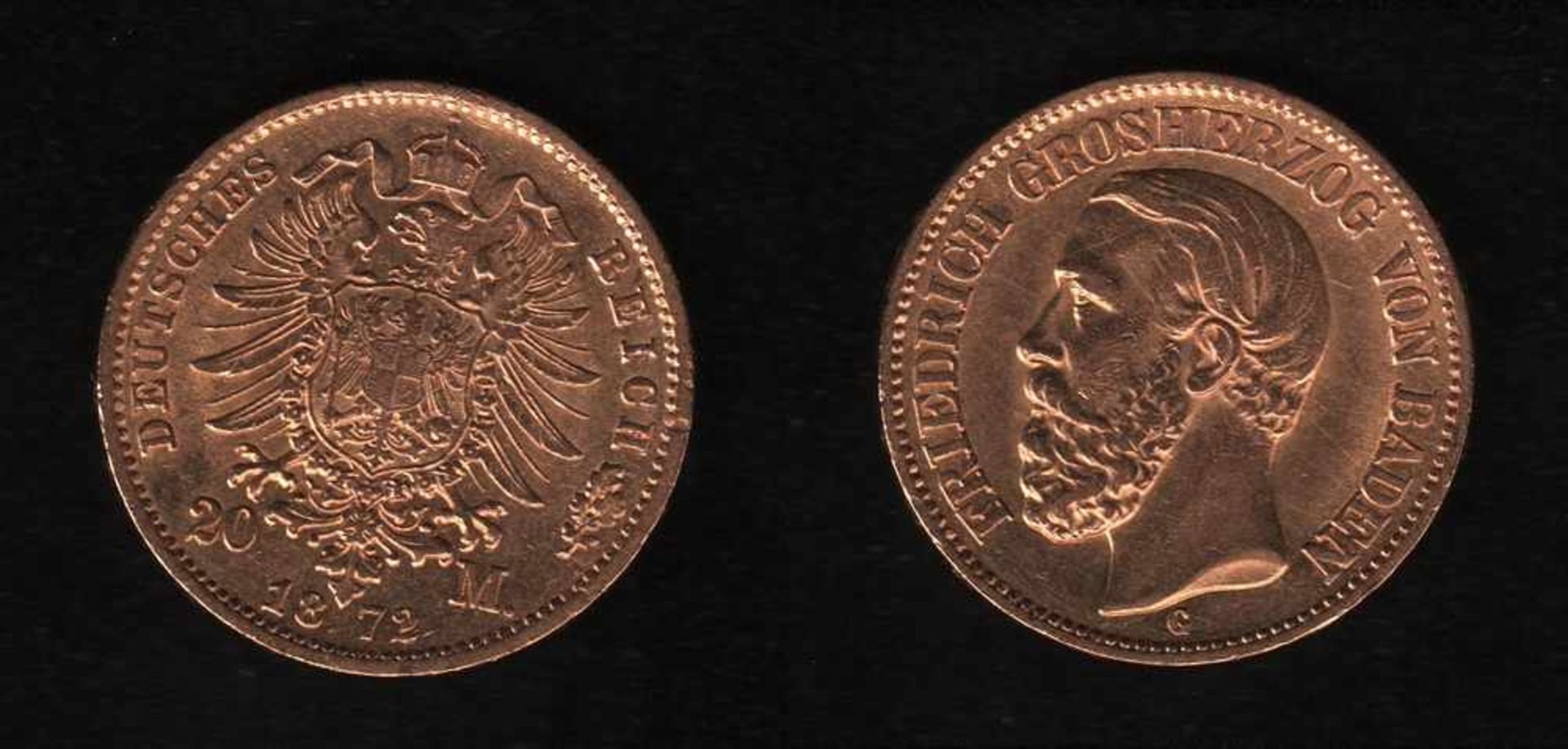 Deutsches Reich. Goldmünze.20 Mark. Friedrich I., Großherzog von Baden. G 1872. Vorderseite: Porträt
