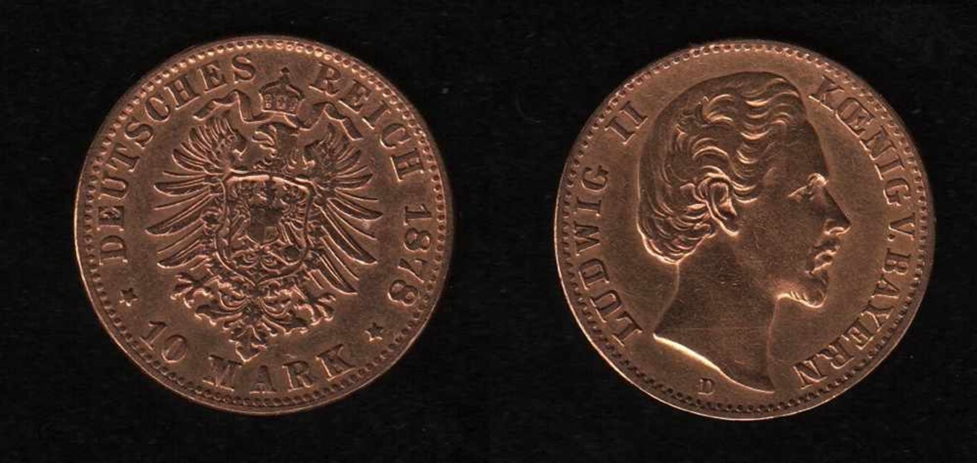 Deutsches Reich. Goldmünze.10 Mark. Ludwig II., König von Bayern. D 1878. Vorderseite: Porträt