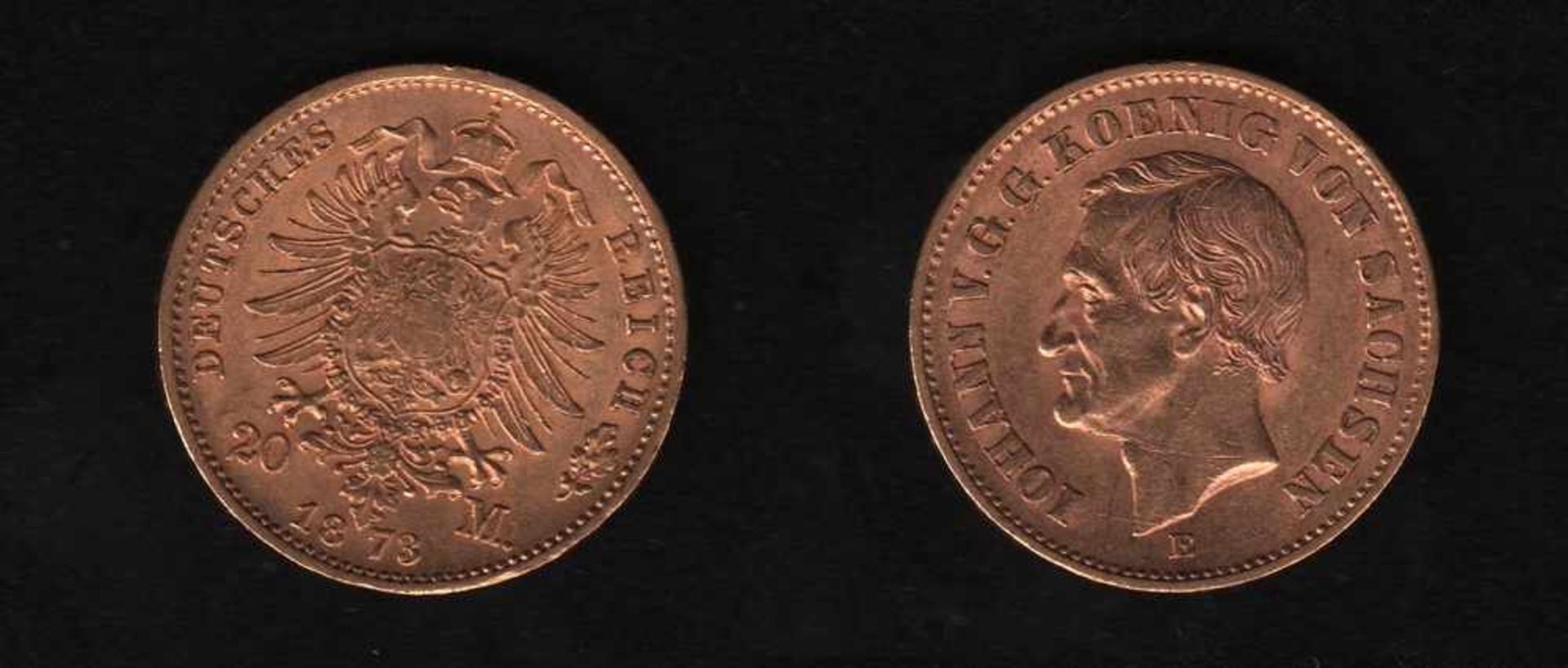 Deutsches Reich. Goldmünze.20 Mark. Johann, König von Sachsen. E 1873. Vorderseite: Porträt König