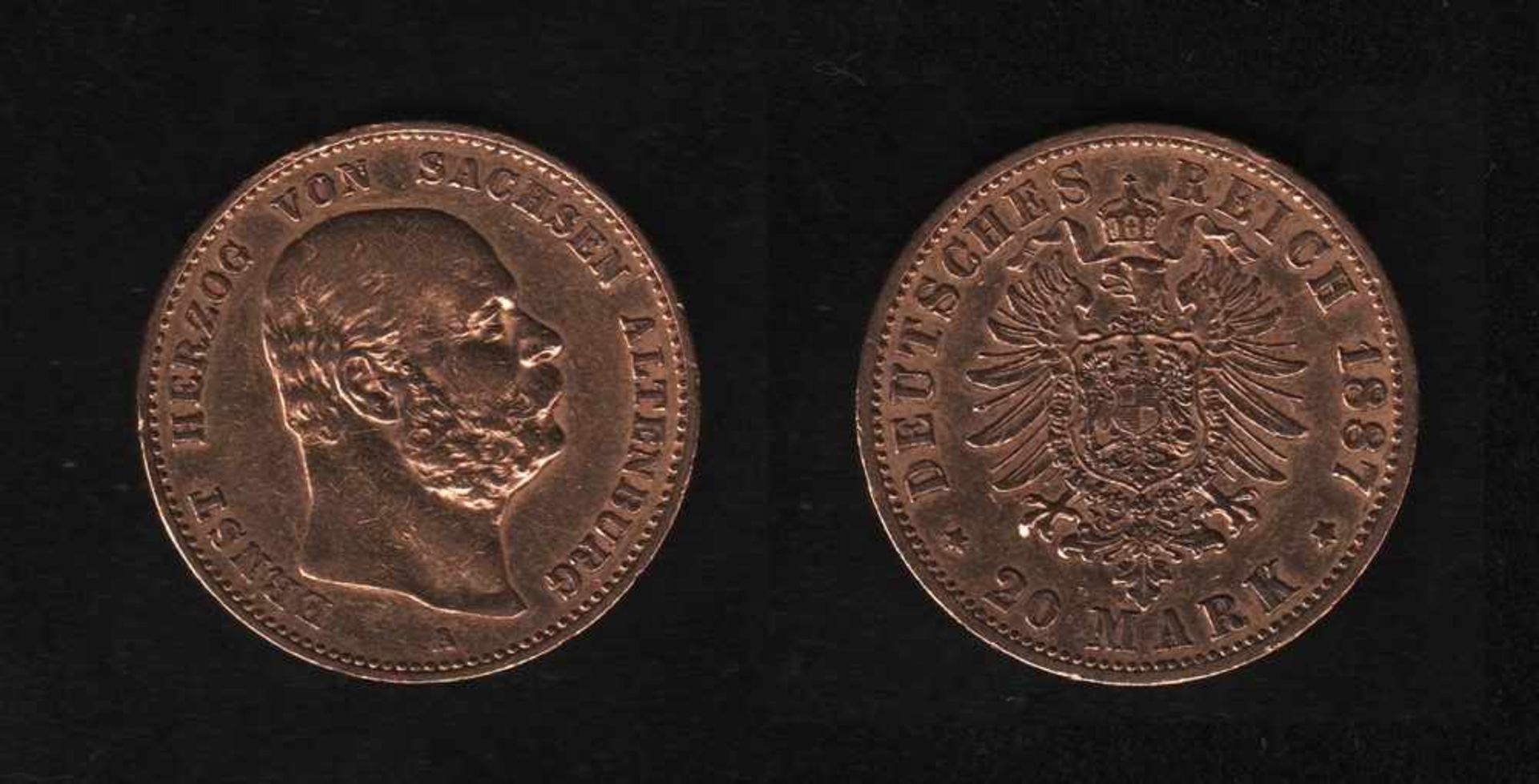 Deutsches Reich. Goldmünze.20 Mark. Ernst, Herzog von Sachsen - Altenburg. A 1887. Vorderseite: