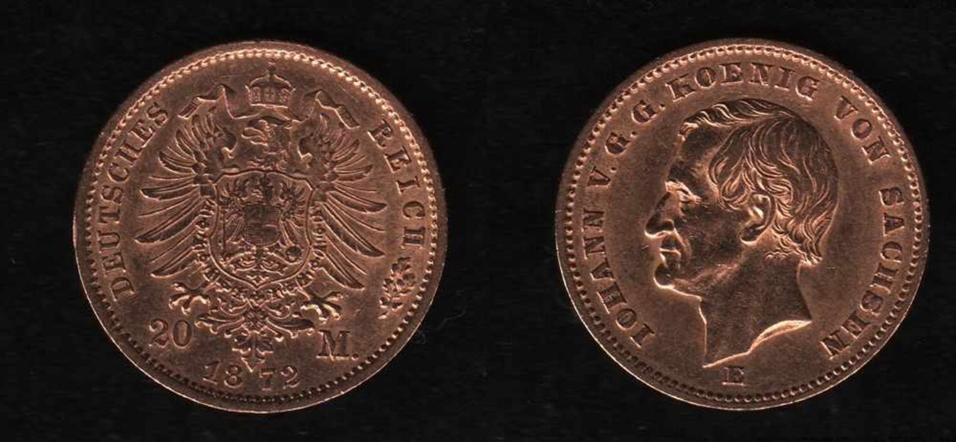 Deutsches Reich. Goldmünze.20 Mark. Johann, König von Sachsen. E 1872. Vorderseite: Porträt König
