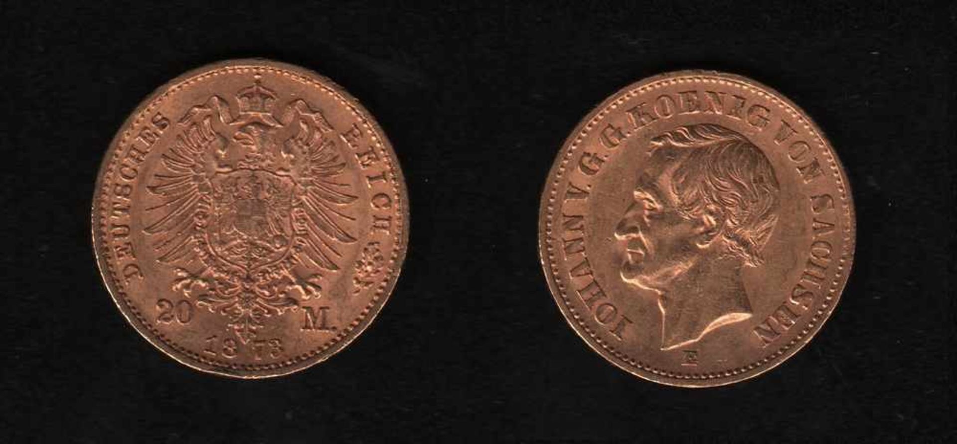 Deutsches Reich. Goldmünze.20 Mark. Johann, König von Sachsen. E 1873. Vorderseite: Porträt König