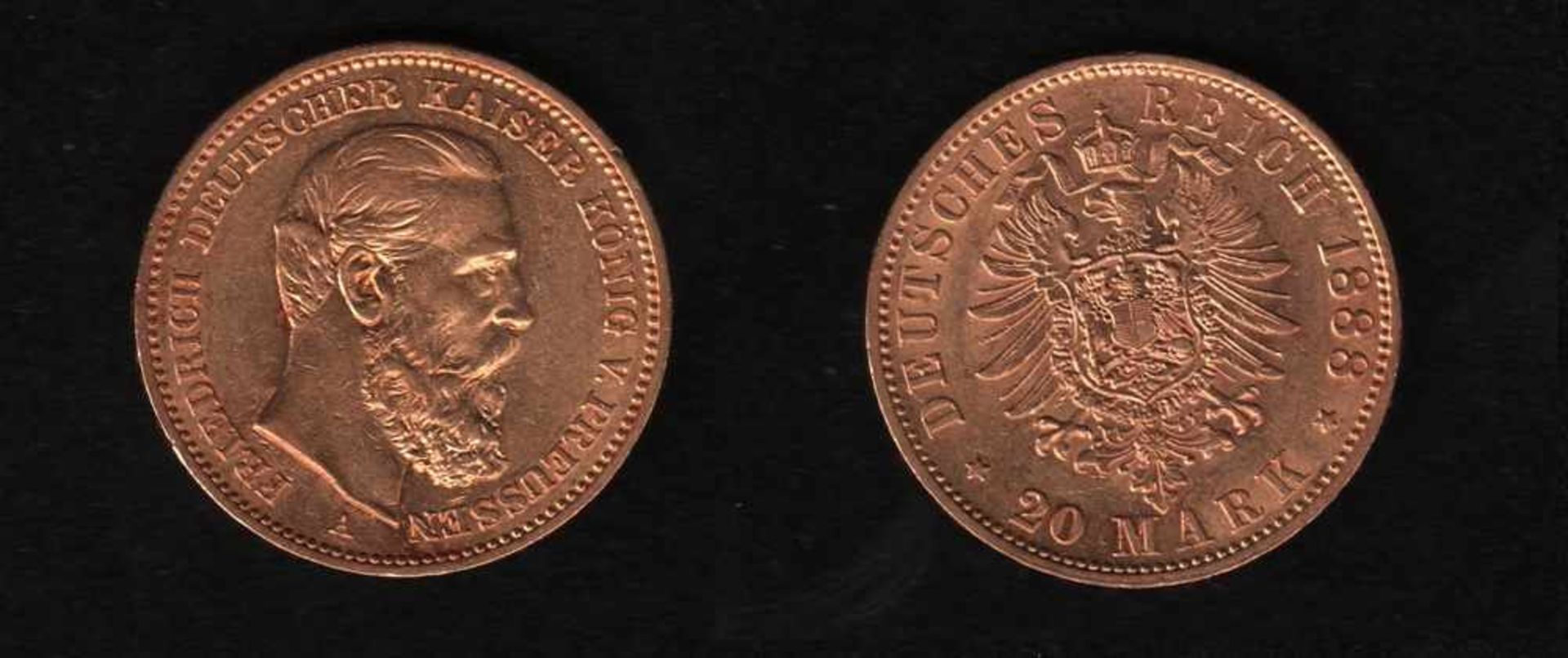 Deutsches Reich. Goldmünze.20 Mark. Friedrich III., Deutscher Kaiser. A 1888. Vorderseite: Porträt