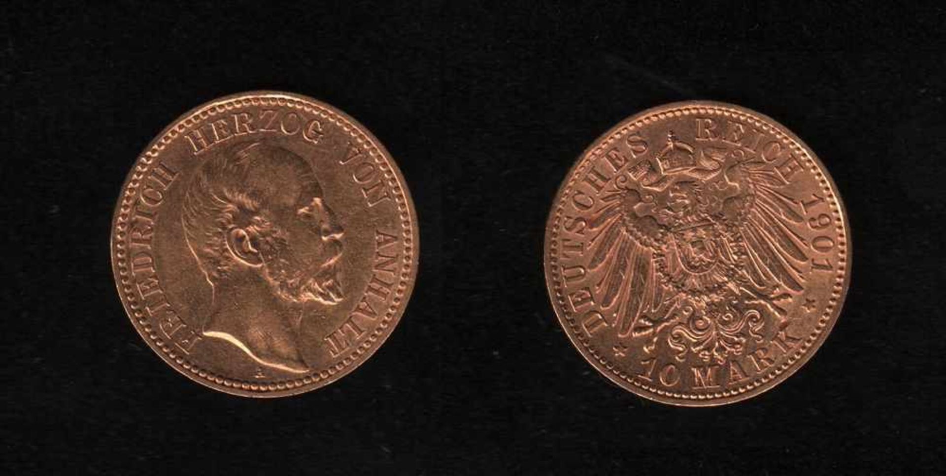 Deutsches Reich. Goldmünze.10 Mark. Friedrich I., Herzog von Anhalt. A 1901. Vorderseite: Porträt