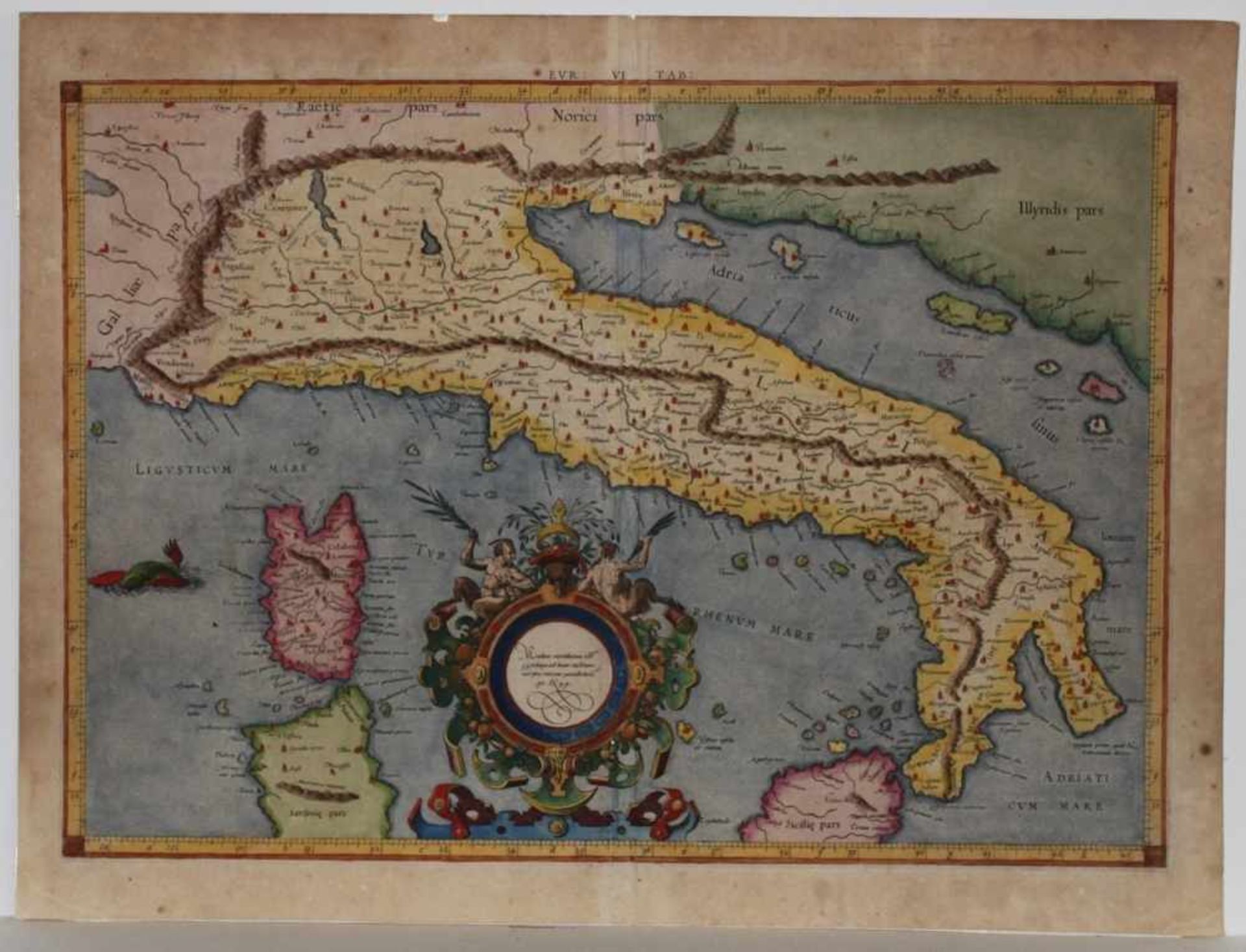 Italien.Gesamtdarstellung. Altkolorierte Kupferstichkarte von Gerh. Mercator, 1595. Bildgröße 48 x