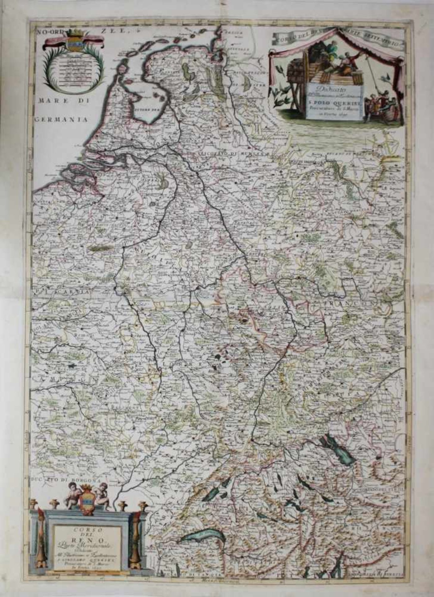 Rheinlaufkarte.Kolorierte originale Kupferstichkarte aus 2 Teilen von Marco Vincenzo Coronelli (1650