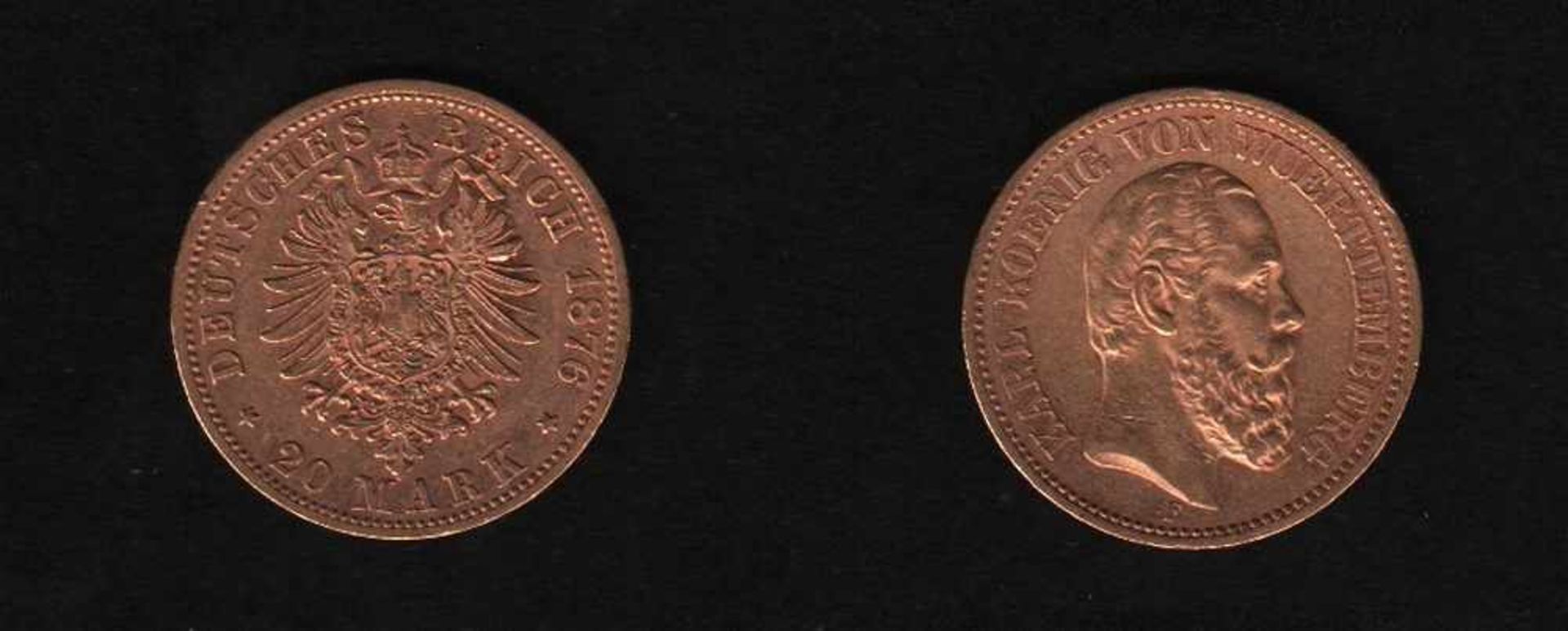 Deutsches Reich. Goldmünze.20 Mark. Karl I., (König von Württemberg, 1823 - 1891). F 1876.