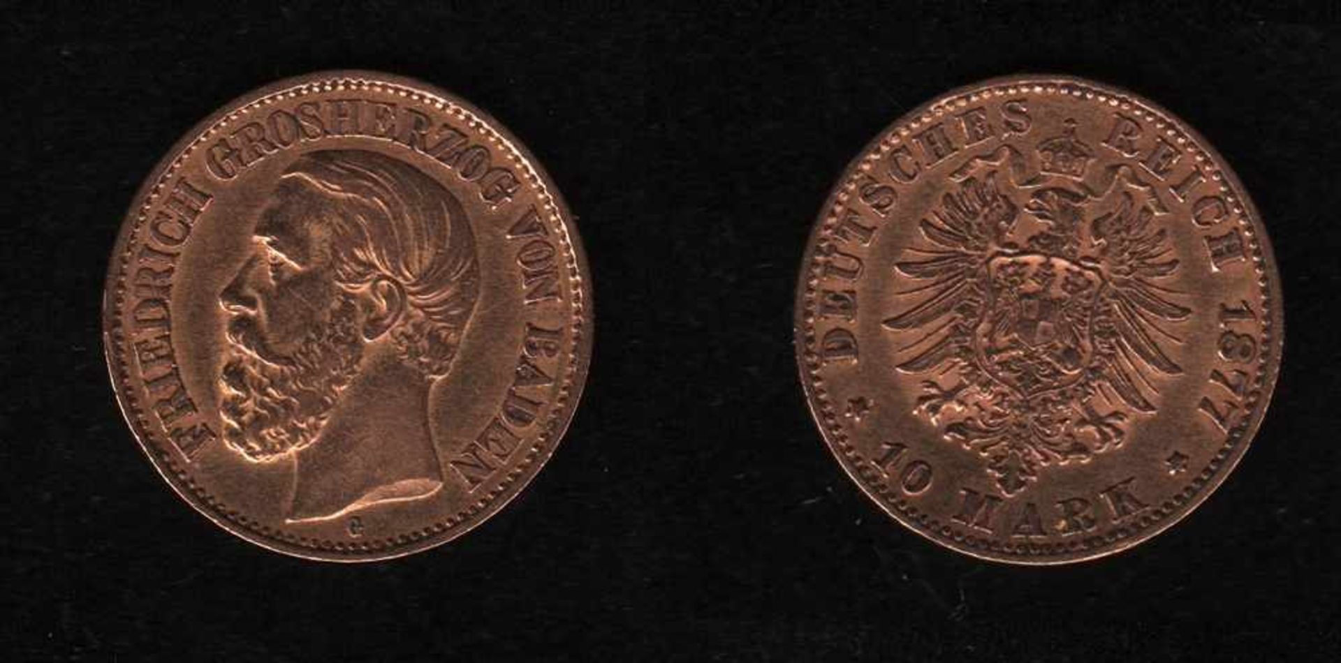 Deutsches Reich. Goldmünze.10 Mark. Friedrich I., Großherzog von Baden. G 1877. Vorderseite: Porträt