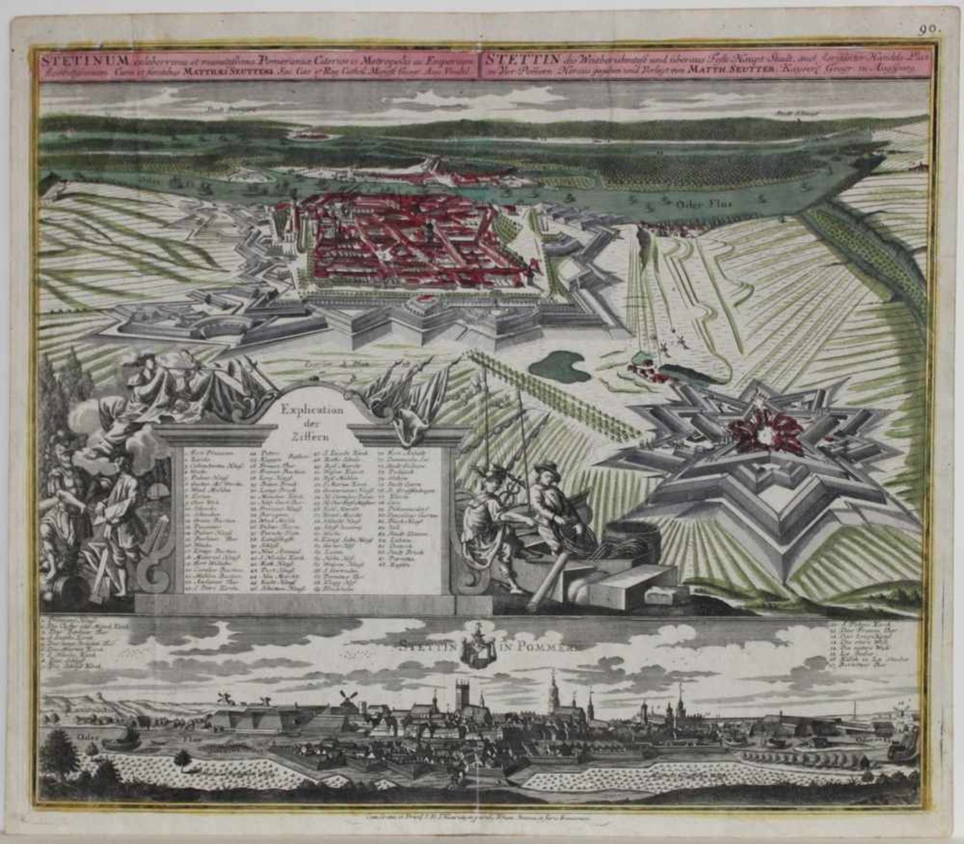 Stettin. Vogelschauplanmit Panorama - Ansicht. Kolorierter Kupferstich von Matth. Seutter, Augsburg,
