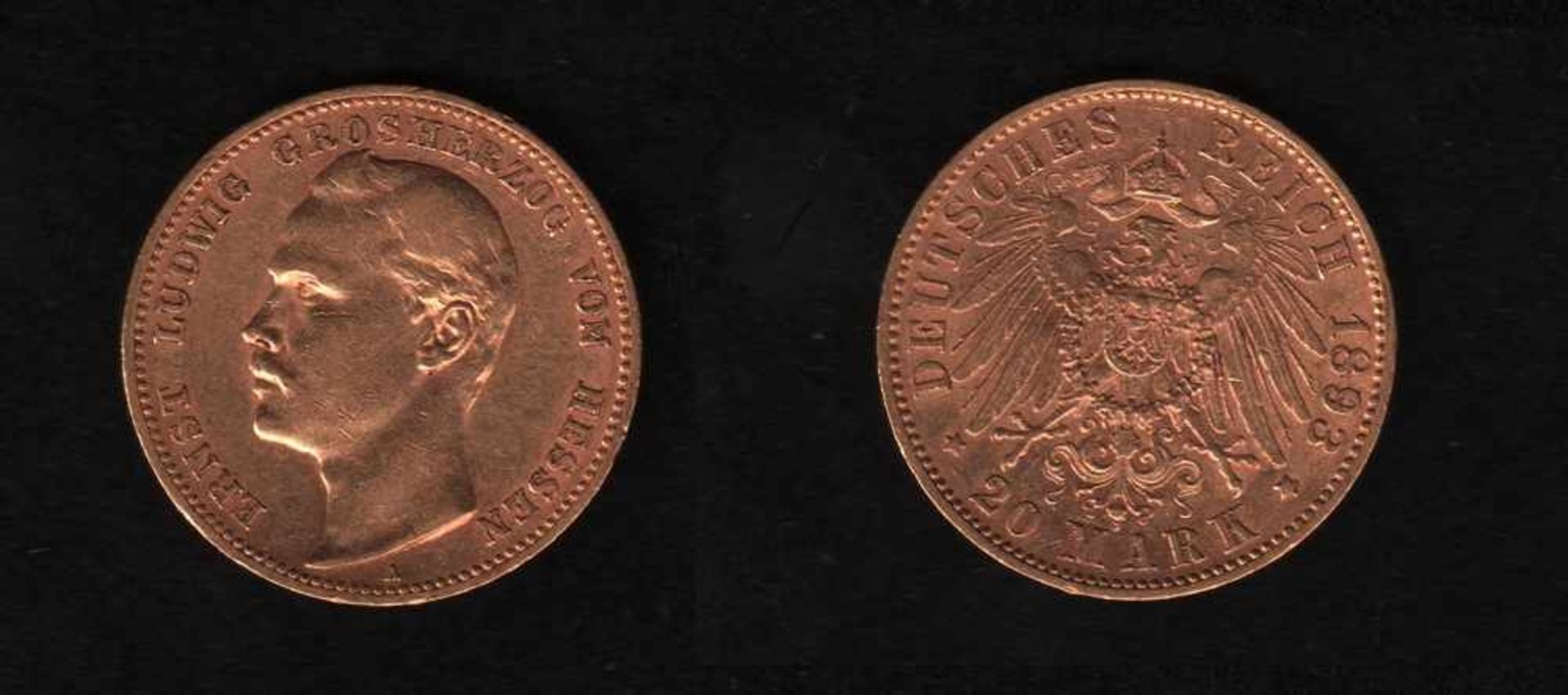 Deutsches Reich. Goldmünze.20 Mark. Ernst Ludwig, Großherzog von Hessen. A 1893. Vorderseite: