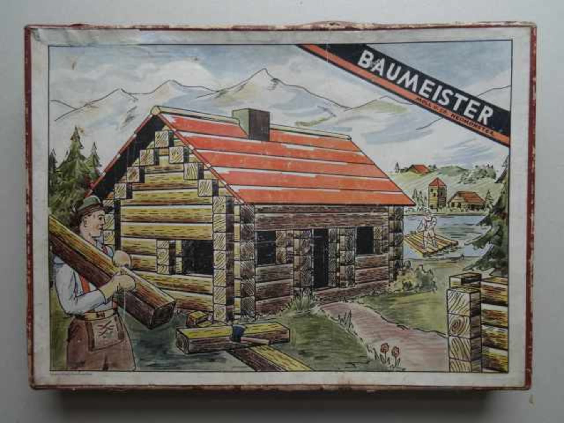Baukasten.- Baumeister. Neumünster, Moll, um 1950. Baukasten mit ca. 180 Holz-Bauelementen. In farb.