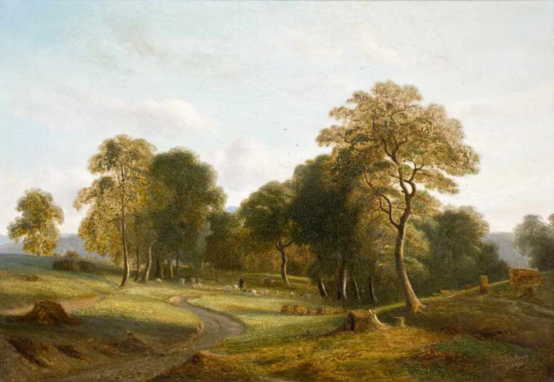 Wolperding, Friedrich Ernst (Kiel 1815 - 1888). Parklandschaft mit Hirte und Schafherde. Öl auf