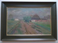 Dreesen, Dora. Bauernhaus. Öl auf Malpappe. 1914. Unten rechts signiert und datiert. 28,5 x 45 cm.