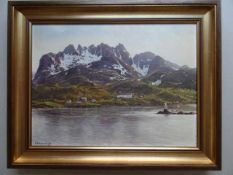 Schmidt, Hans Robert (Laboe). Fjordlandschaft mit Gebirge (in Norwegen?). Öl auf Hartfaser, um 1970.