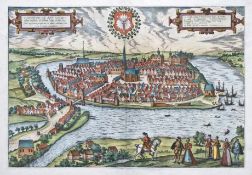 Kiel.- Chilonium, vulgo Kyell... Kolorierter Kupferstich von Braun u. Hogenberg, um 1590. 33 x 48