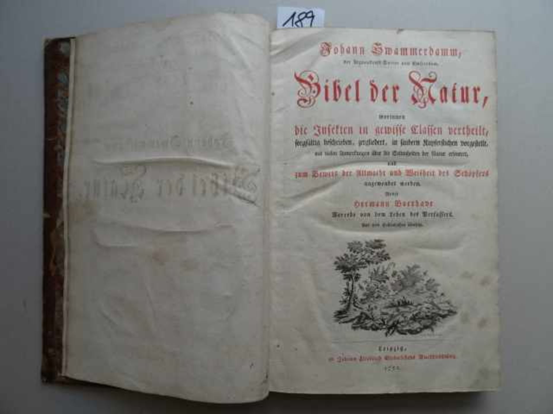 Swammerdamm, J. Bibel der Natur... Leipzig, Gleditsch, 1752. 4 Bll., XII S., 1 Bl., 410 S., 7