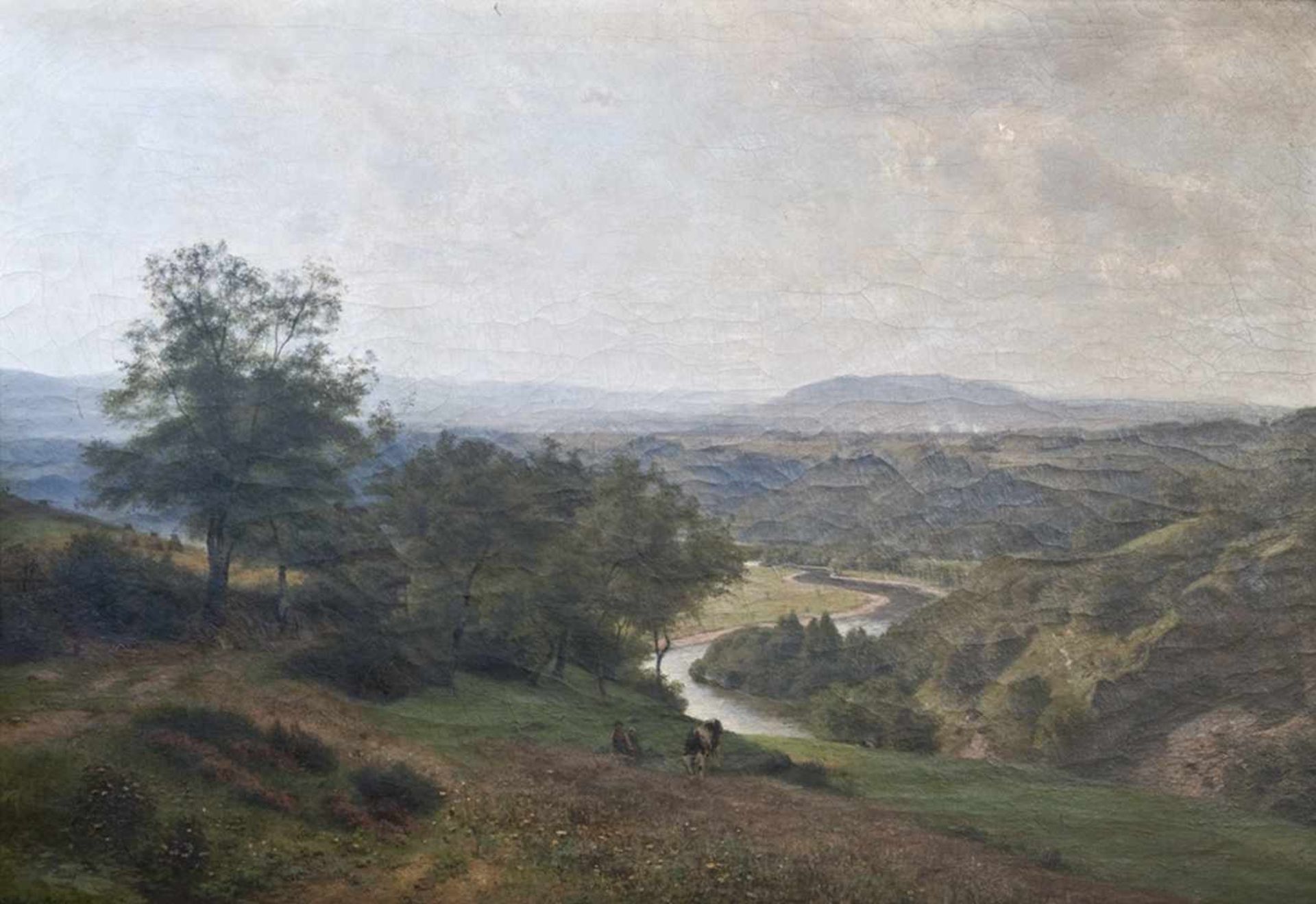 Bode, Wilhelm(Hamburg 1830 - 1893 Düsseldorf). Landschaft mit Kuh. Öl auf Leinwand. Um 1870. Unten