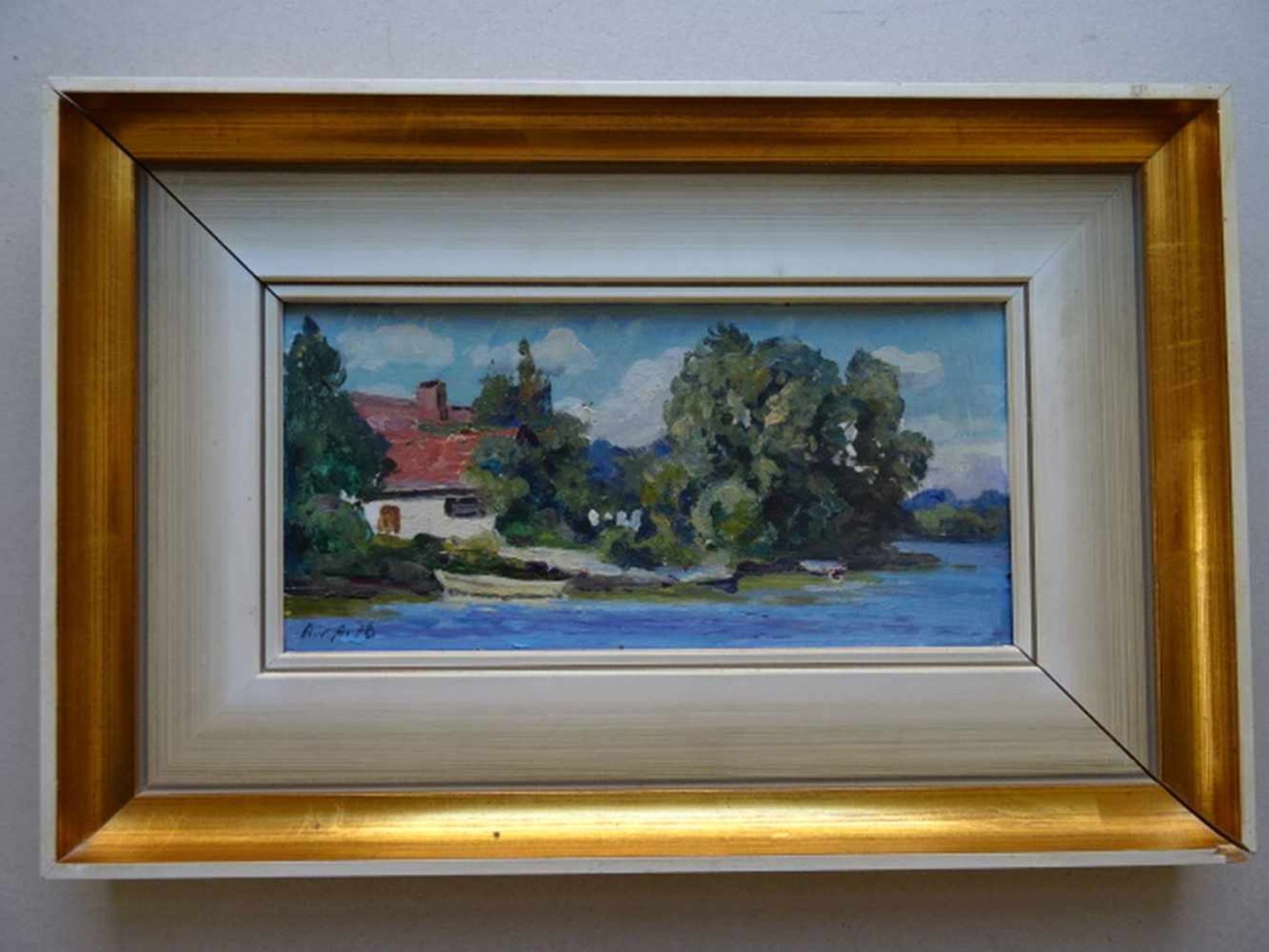 Assaulenko, Alexej von(Lubny 1913 - 1989 Plön). Haus am See. Öl auf Pappe. 1978. Unten links