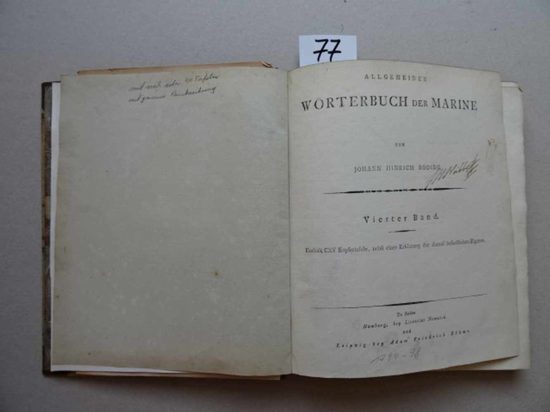 Marine.- Röding, J.H.Allgemeines Wörterbuch der Marine. Bd. 4. Hamburg, Nemnich u. Leipzig, Böhme,