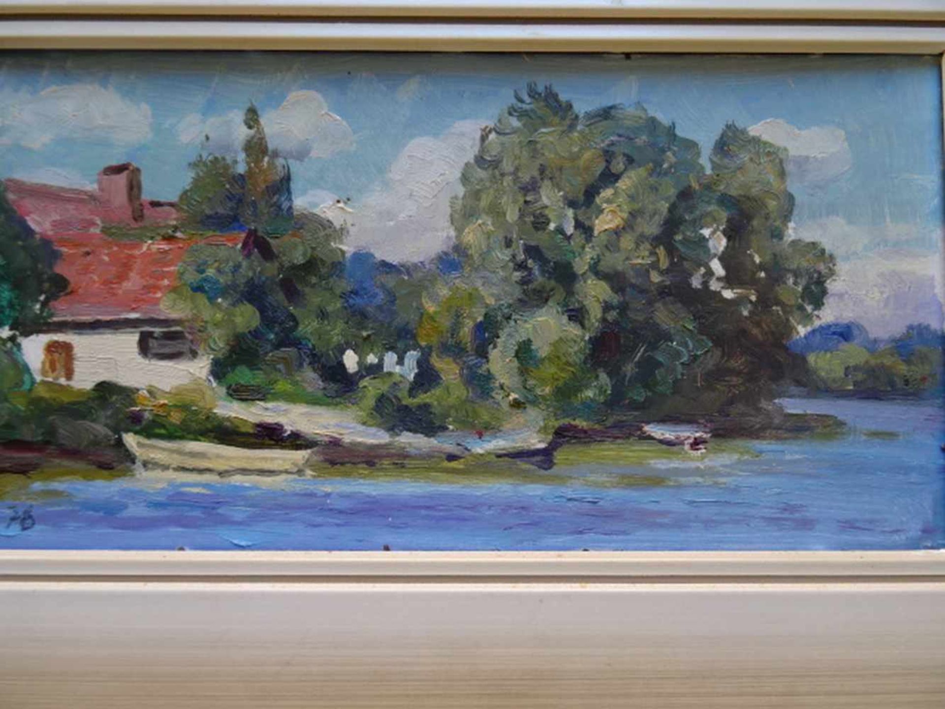 Assaulenko, Alexej von(Lubny 1913 - 1989 Plön). Haus am See. Öl auf Pappe. 1978. Unten links - Bild 2 aus 4