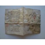 Makulatur.-Doppelblatt aus lateinischer Handschrift auf Pergament. 2 Seiten à 17 Zeilen in gotischer