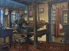 Magnussen, Peter Christian(Niebüll 1878 - ?). Am Webstuhl auf der Insel Föhr. Öl auf Holz, 1930.