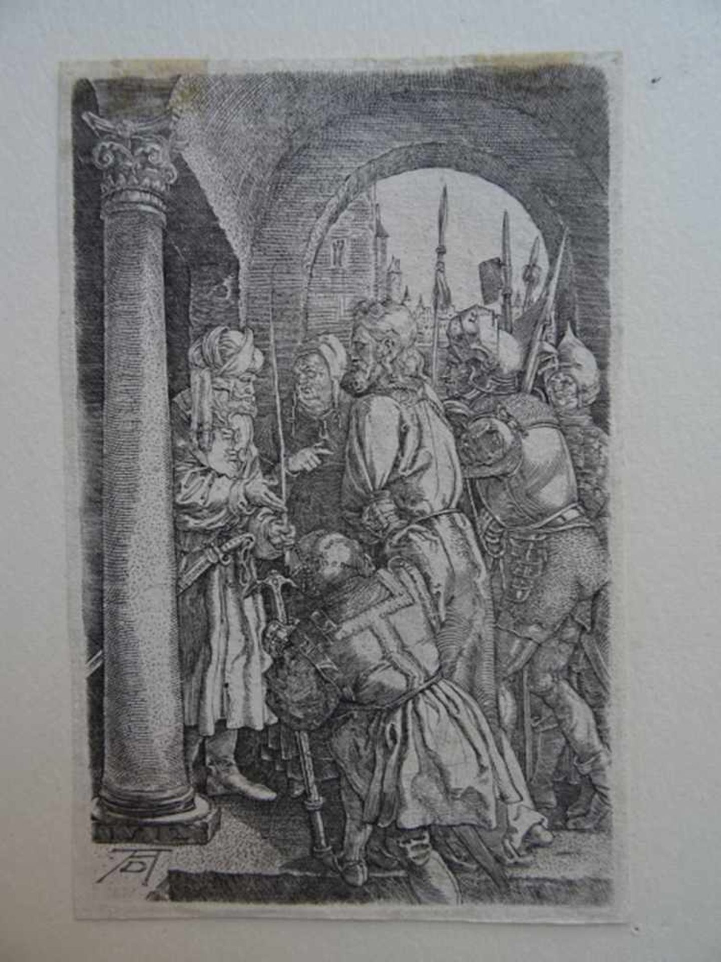 Dürer.-Christus vor Pilatus (gespiegelt). Kupferstich von Bundele nach Albrecht Dürer, wohl um 1600.