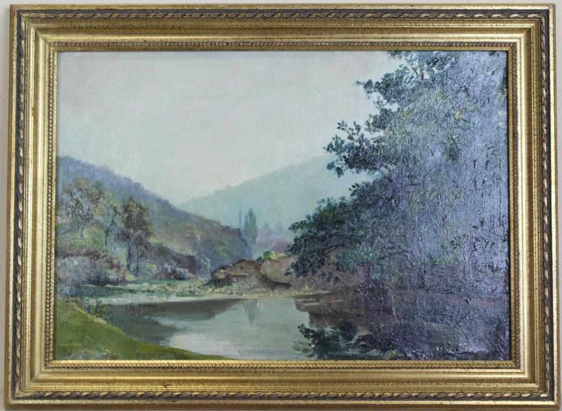 Émile Bernard: Ölgemälde Flusslandschaft Frankreich um 1900, Öl auf Leinwand, Holzrahmen, ca. 32 x
