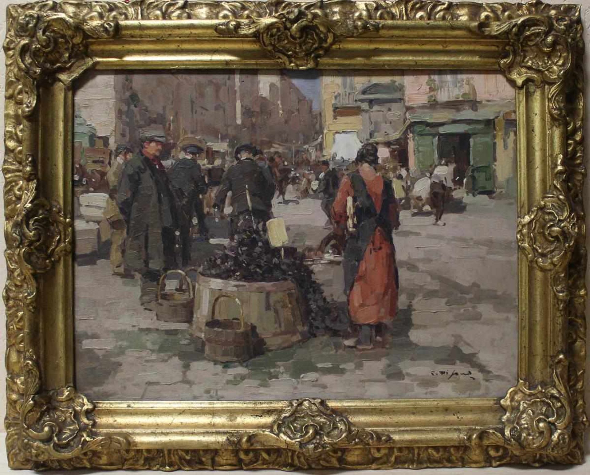 Gustavo Pisani geb. 1877 Neapel Marktszene mit Austernverkäuferin, rechts unten signiertÖl auf