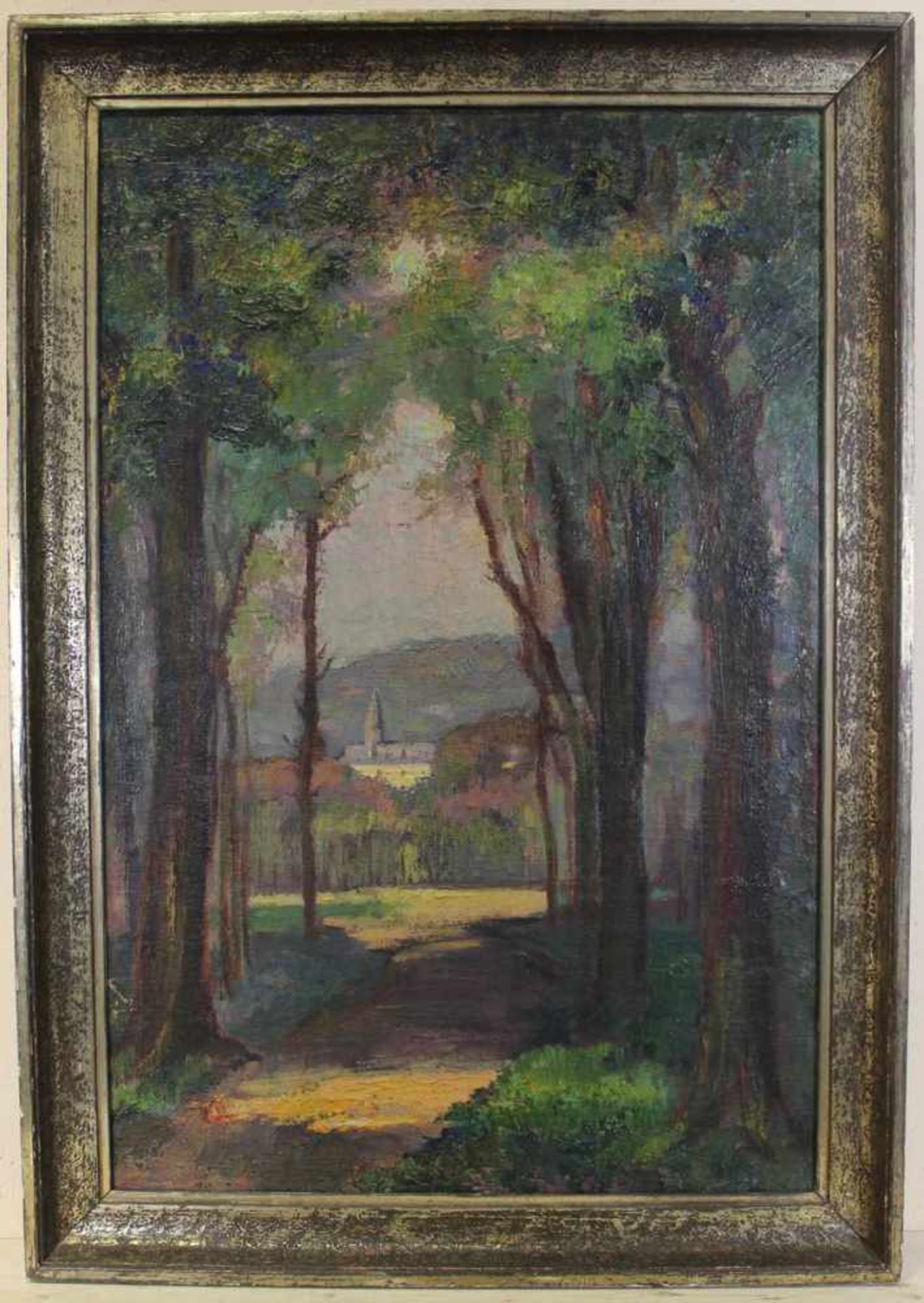 Gemälde Elimar Vagh Weinmann Waldweg mit Lichtung und Blick auf Kirche, Öl auf Leinwand,