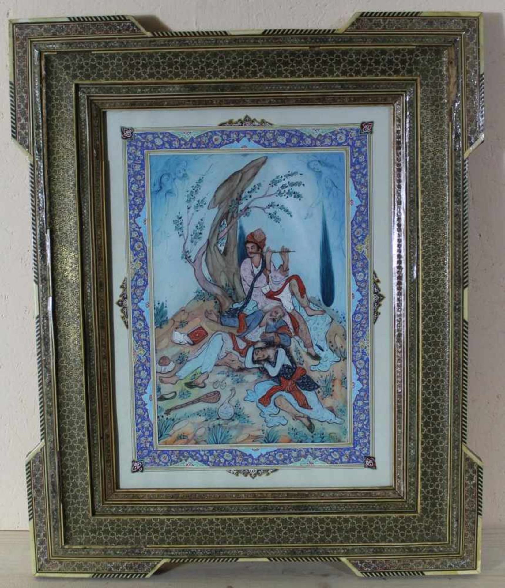 Gouache Persische Malerei 20. Jh., unter Glas im original Holzrahmen mit Einlegearbeiten, ca. 35 x
