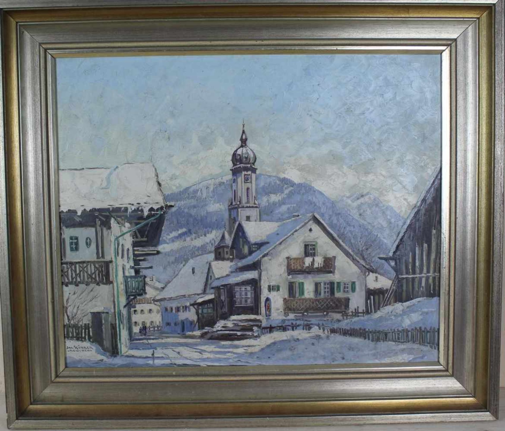 Julius Köhrer: Ölgemälde Ein Wintertag in Mittenwald, Öl auf Malkarton, Holzrahmen, ca. 49 x 60