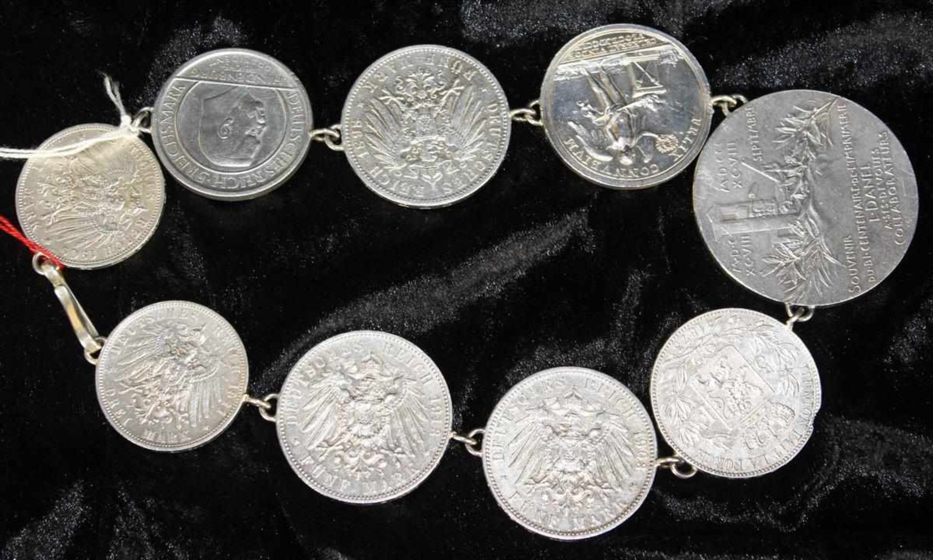 Münzkette mit verschiedenen Silbermünzen, Silber geprüft, Münzen u. a. Deutsches Reich 1871-1945,