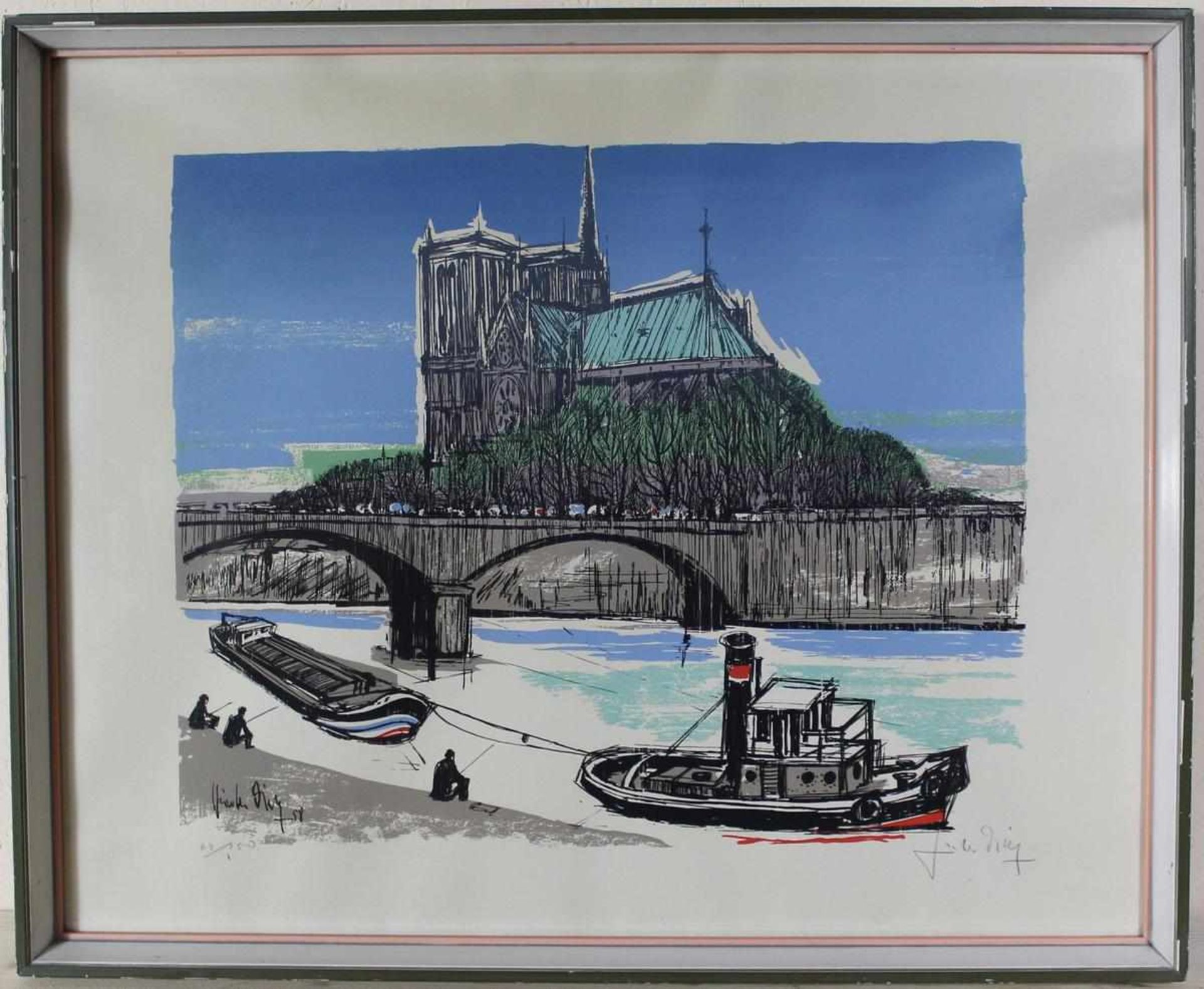 Farbholzschnitt Notre Dame in Paris, unles. sign. und dat. 58 (1958), unter Glas gerahmt, ca. 50 x